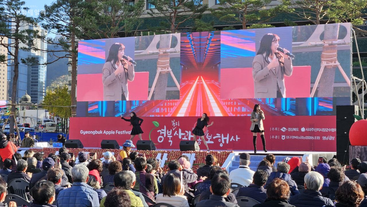경북사과 홍보행사에 가수 홍진영이 노래를 부르고 있다. / 사진=안동데일리