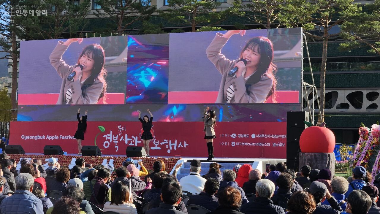 경북사과 홍보행사에 가수 홍진영이 노래를 부르고 있다. / 사진=안동데일리